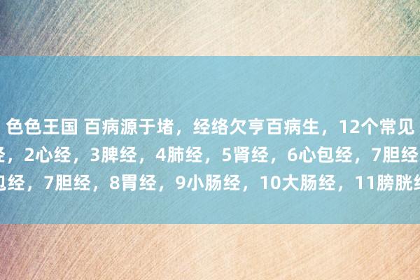色色王国 百病源于堵，经络欠亨百病生，12个常见症状，对照自测：1肝经，2心经，3脾经，4肺经，5肾经，6心包经，7胆经，8胃经，9小肠经，10大肠经，11膀胱经，12三焦经